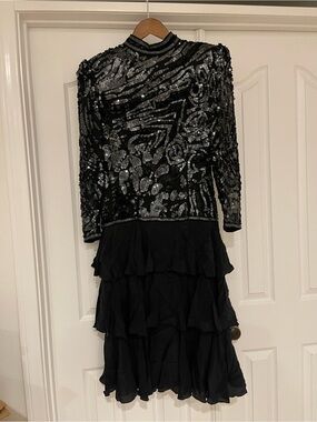 Alyce Designs Silk Black Sequined Tiered Evening Dress 10 vintage